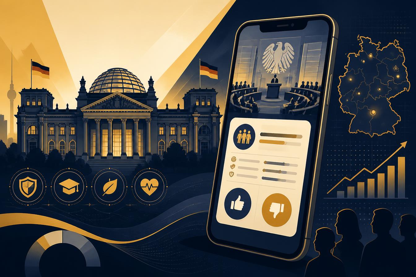 Illustration des Spiels Regiere Deutschland! mit Reichstag, Smartphone-Entscheidungsbildschirm und Deutschland-Karte